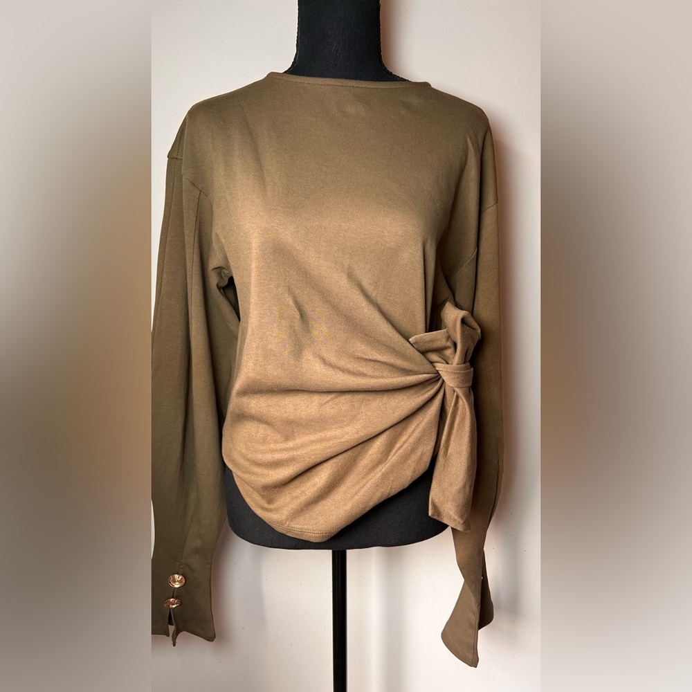 Commense Olive Green Blouse with Waist Tie and Buttoned Cuffs - Picture 2 of 10